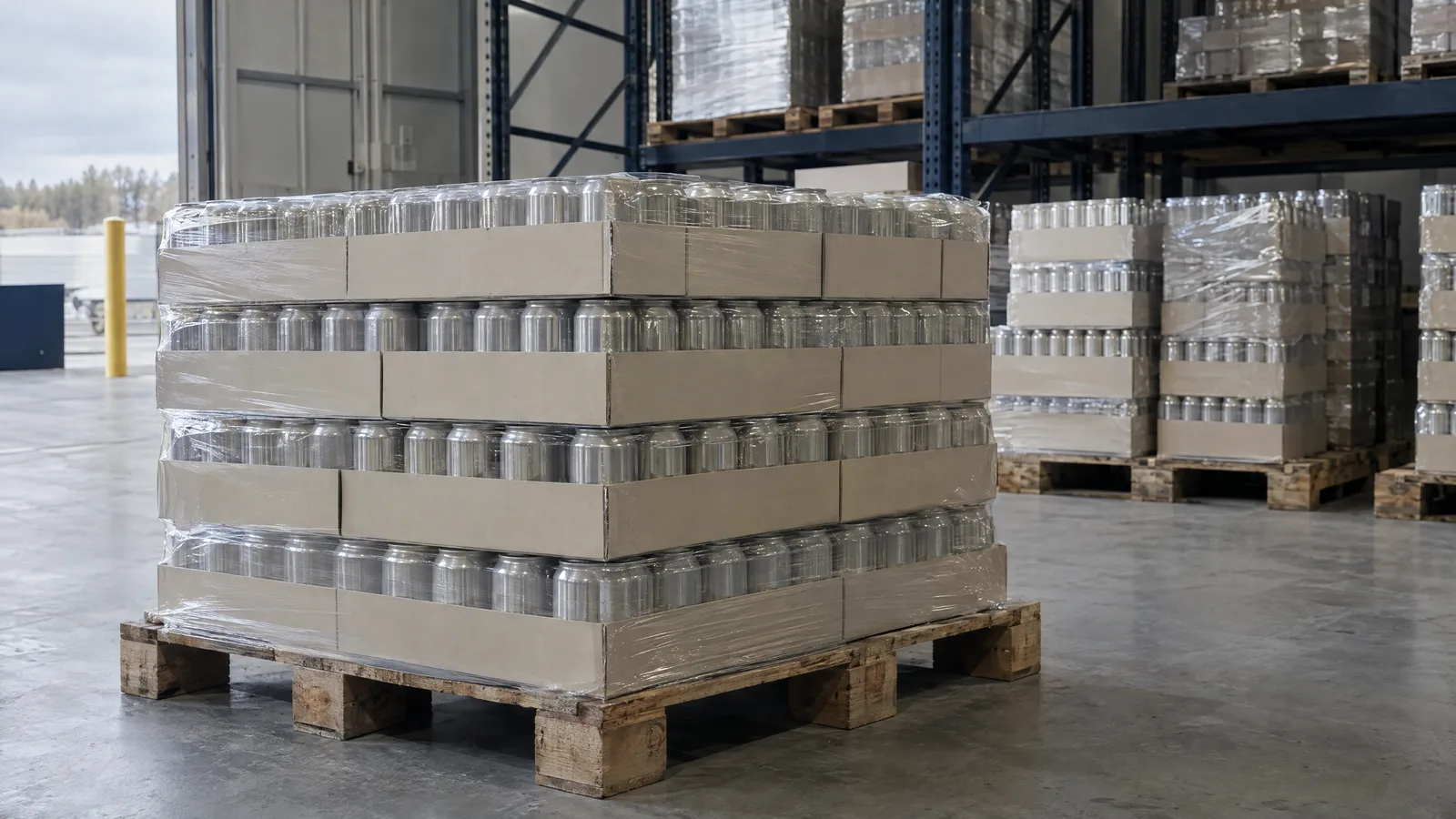 Illustrative pallets of packaged beverage cans in a dispatch area