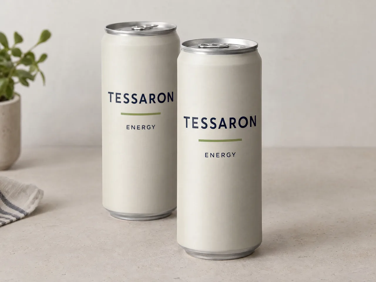 Illustrative Tessaron energy cans on a neutral studio background