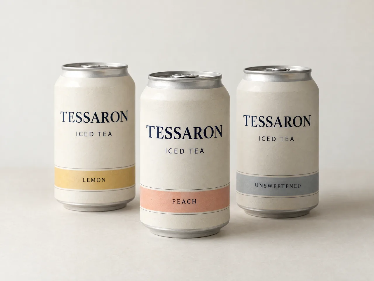 Illustrative Tessaron iced tea cans on a neutral studio background