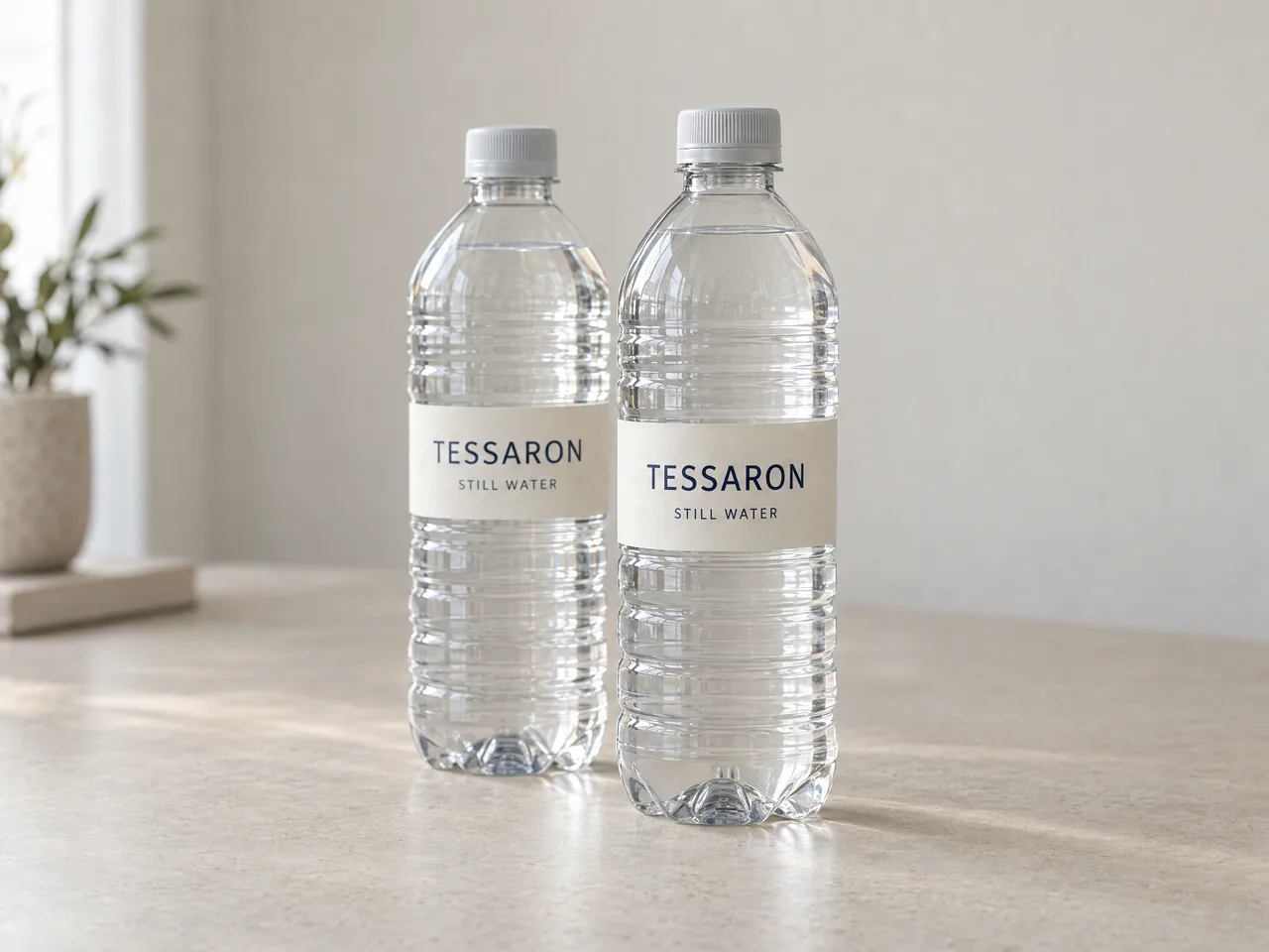 Illustrative Tessaron still-water PET bottles on a neutral studio background